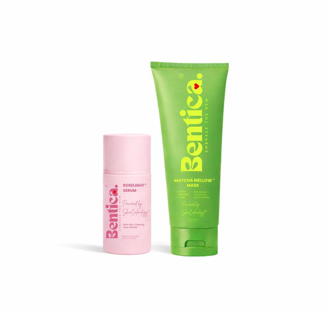 Pink serum bottle and green mask tube with 'Bentica' branding on a white background