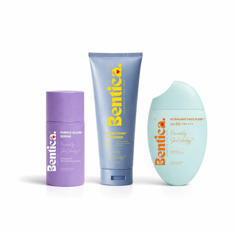 Three skincare products from the brand Bential on a white background