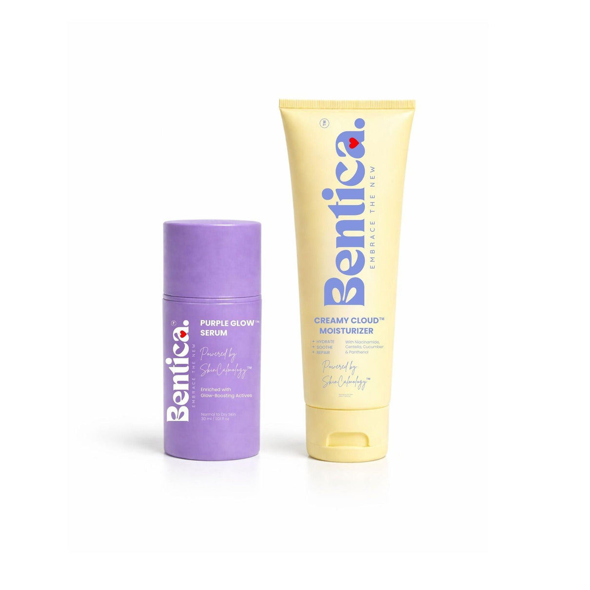 Bentica skincare products including a purple serum bottle and yellow tube on a white background