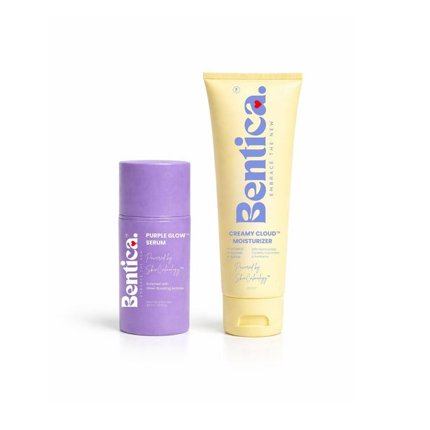 Bentica skincare products including a purple serum bottle and yellow tube on a white background
