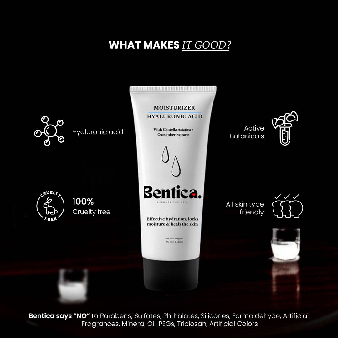 Key ingredients of Bentica HydraMist Moisturizer: Hyaluronic Acid, Shea Butter, Centella Asiatica, and Cucumber Extract